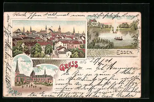 Lithographie Essen, Münsterkirche, Stadtgartenpartie, Ortsansicht