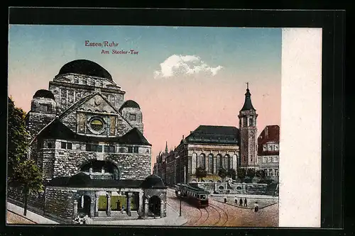 AK Essen /Ruhr, Synagoge und Strassenbahn am Steeler-Tor