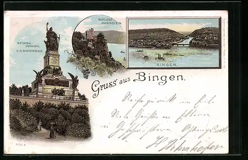 Lithographie Bingen, Schloss Rheinstein, Nationaldenkmal, Totalansicht