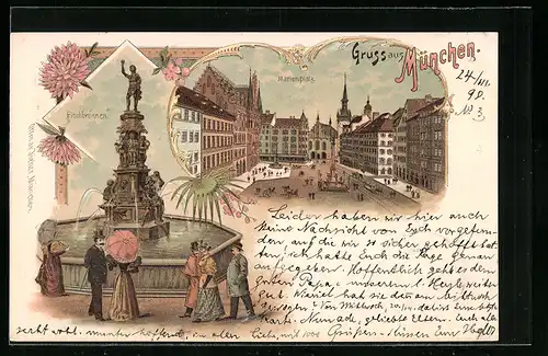 Lithographie München, Marienplatz, Fischbrunnen