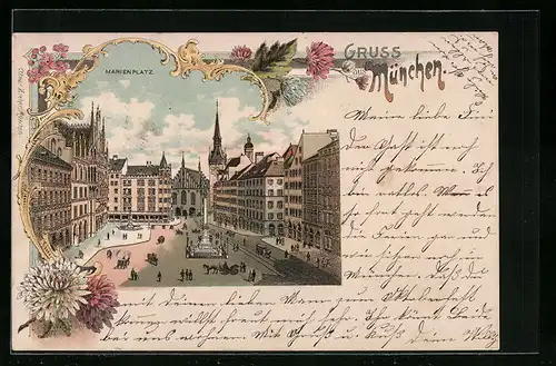 Lithographie München, Marienplatz mit Pferdebahn