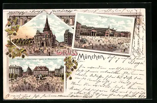 Lithographie München, Bahnhof, Gasthaus Löwenbräukeller