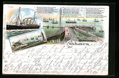 Vorläufer-Lithographie Cuxhaven, 1894, Leuchtturm und Seepavillon, Dampfer