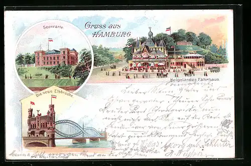 Lithographie Hamburg, Seewarte, Helgoländer Fährhaus