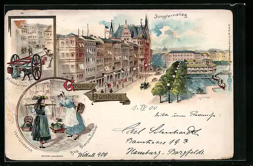 Lithographie Hamburg-Neustadt, Jungfernstieg, Milchkarren und Hamburger Dienstmädchen