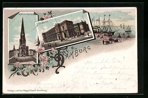 Lithographie Hamburg, St. Nicolai-Kirche, Börse