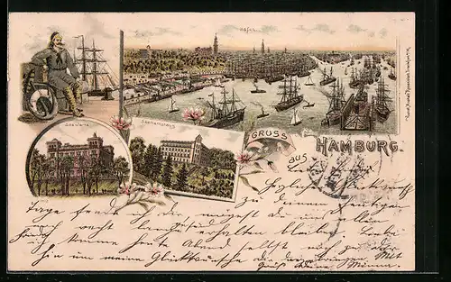 Lithographie Hamburg-St.Pauli, Hafenansicht, Seewarte und Seemannshaus