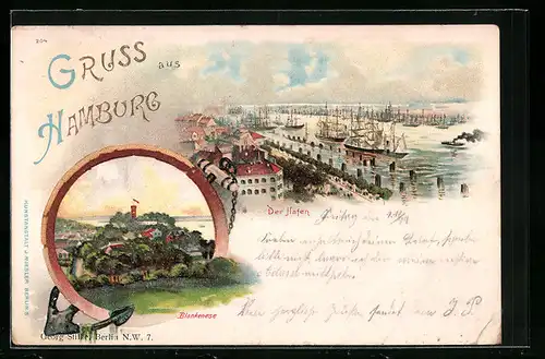 Lithographie Hamburg-Blankenese, Hafen mit Segelschiffen, Blick auf Blankenese