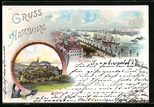 Lithographie Hamburg-Blankenese, Hafen mit Segelschiffen, Blick auf Blankenese