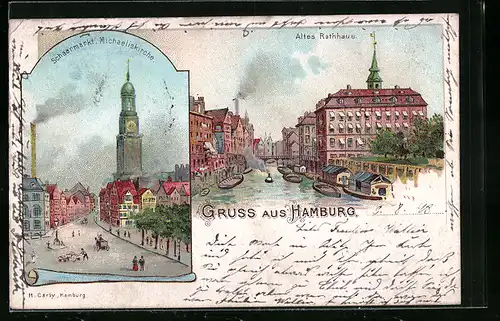 Lithographie Hamburg-Neustadt, Schaarmarkt mit Michaeliskirche, Altes Rathaus mit Kanal