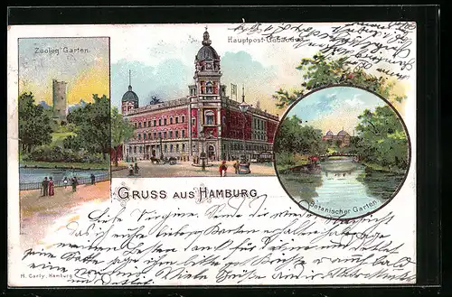 Lithographie Hamburg, Hauptpost-Gebäude, Zoolog. Garten, Botanischer Garten