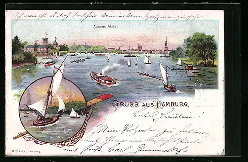 Lithographie Hamburg, Aussen-Alster, Segelboot