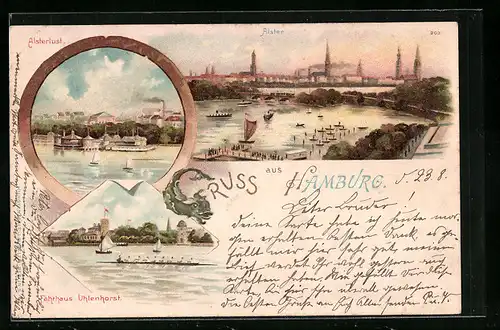 Lithographie Hamburg, Alster, Alsterlust, Fährhaus Uhlenhorst