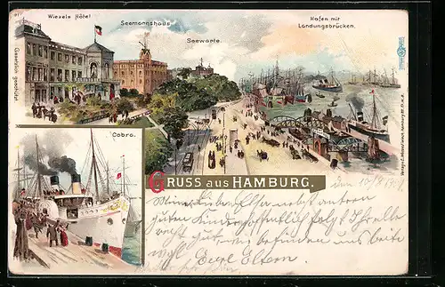 Lithographie Hamburg, Dampfer Cobra, Wiezels Hotel, Seemannshaus, Seewarte, Hafen mit Landungsbrücke