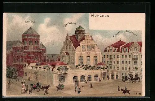 Lithographie München, Synagoge, Künstlerhaus und Grand Hotel Leinfelder