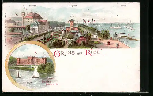 Lithographie Kiel, Gasthaus Seegarten und Schloss am Hafen, Marine-Akademie