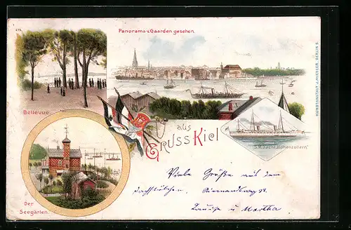 Lithographie Kiel, Seegarten, Bellevue, SM Yacht Hohenzollern