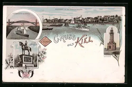 Lithographie Kiel, Hochbrücke bei Grünthal, Denkmal Kaiser Wilhelms, Leuchtturm und Holtenau mit der Kanalmündung
