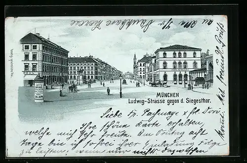 Lithographie München, Ludwig-Strasse gegen d. Siegestor, Litfasssäule