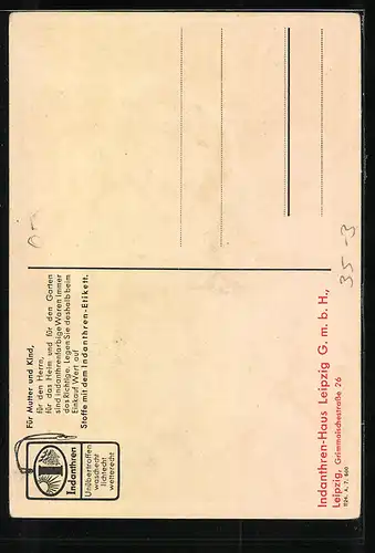 AK Reklame für Indanthren-Stoffe, Mutter in blauem Kleid umarmt ihr Töchterchen in rotem Hängerchen