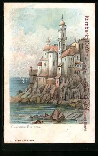 Lithographie Camogli, Kirche an der Küste