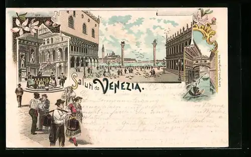 Lithographie Venezia, Gondelfahrt und Markusplatz