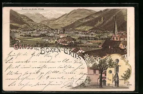 Lithographie Bozen-Gries, Panorama, Franziskaner Hof