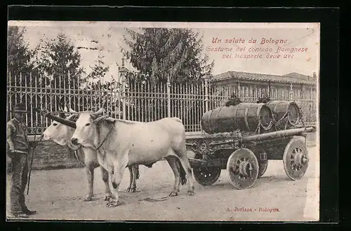 Lithographie Bologna, Costumi campestri, Il trasporto delle Uve, Ochsengespann mit Weinfässern