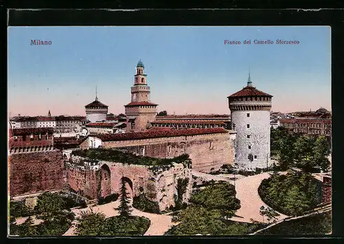 AK Milano, Fianco del Castello Sforzesco colla Torre del Filarete