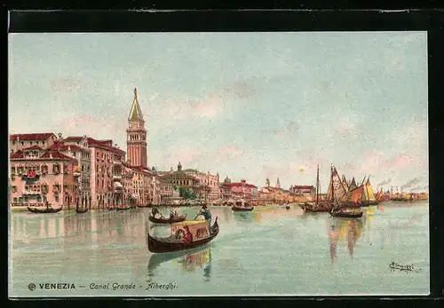 Lithographie Venezia, Canal Grande, Alberghi