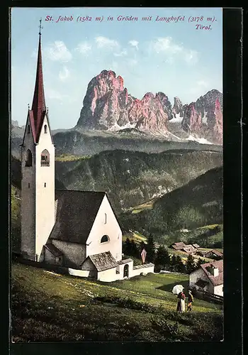 AK St. Jakob in Gröden, Kirche mit Langkofel