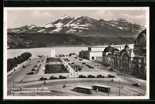 AK Luzern, Bahnhof mit Bahnhofplatz u. Rigi, Kunsthaus