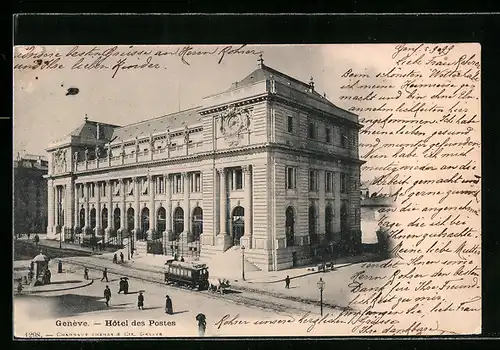 AK Geneve, Hotel des Postes, Pferdebahn