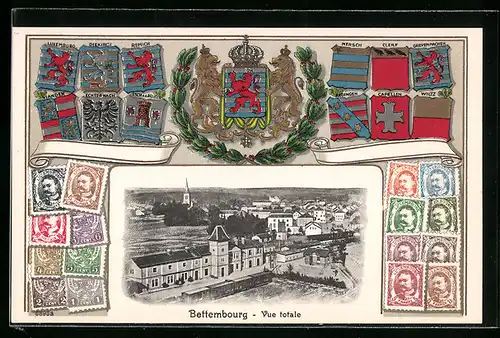 AK Bettembourg, Vue Totale, Wappen mit Briefmarken