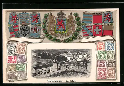AK Bettembourg, Vue Totale, Wappen mit Briefmarken
