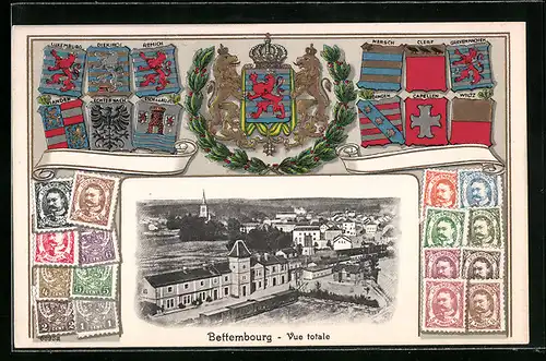 AK Bettembourg, Vue Totale, Wappen mit Briefmarken