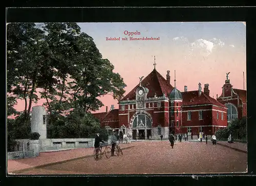 AK Oppeln, Bahnhof mit Bismarckdenkmal