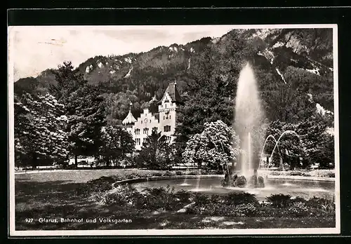 AK Glarus, Bahnhof und Volksgarten