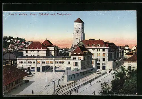 AK St. Gallen, Neuer Bahnhof und Postgebäude