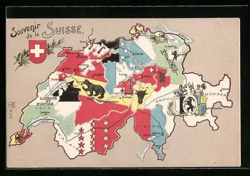 Lithographie Schweiz, Landkarte mit Kantonen der Schweiz, Schweizer Wappen