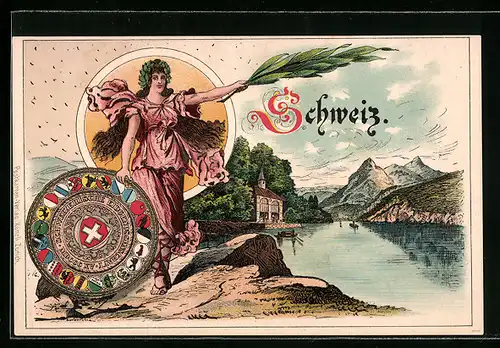 Lithographie Tellskapelle, Helvetia mit Wappen am Vierwalstätter See