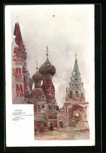 Künstler-AK Moskau, Blick auf die Basilius-Kathedrale, Rotes Kreuz Russland