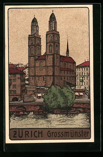 Steindruck-AK Zürich, Ansicht vom Grossmünster