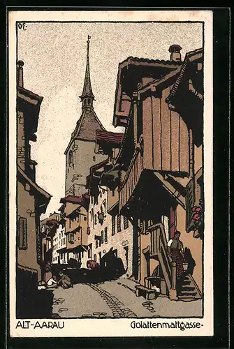Steindruck-AK Alt-Aarau, Golattenmattgasse mit alten Häusern