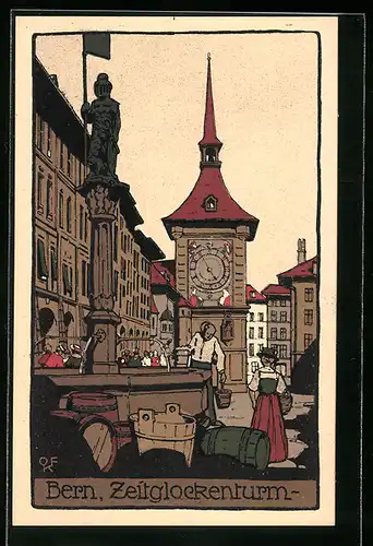 Steindruck-AK Bern, Partie am Zeitglockenturm