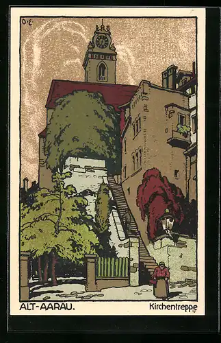 Steindruck-AK Aarau, Kirchentreppe in der Altstadt