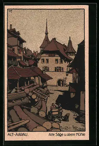 Steindruck-AK Alt-Aarau, Obere Mühle und alte Säge