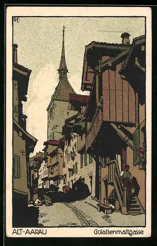 Steindruck-AK Alt-Aarau, Strassenpartie in der Golattenmattgasse