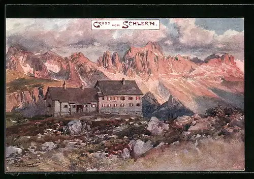 Künstler-AK Edward Theodore Compton: Schlern, Berghütte mit Bergglühen