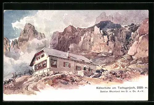 Künstler-AK Edward Theodore Compton: Tschagerjoch, Kölnerhütte vor Bergpanorama